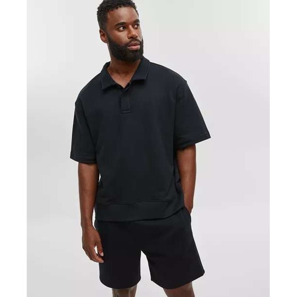 Mode of One Mens Relaxed Fit French Terry Polo Shirt Deep Black S 100188460MN